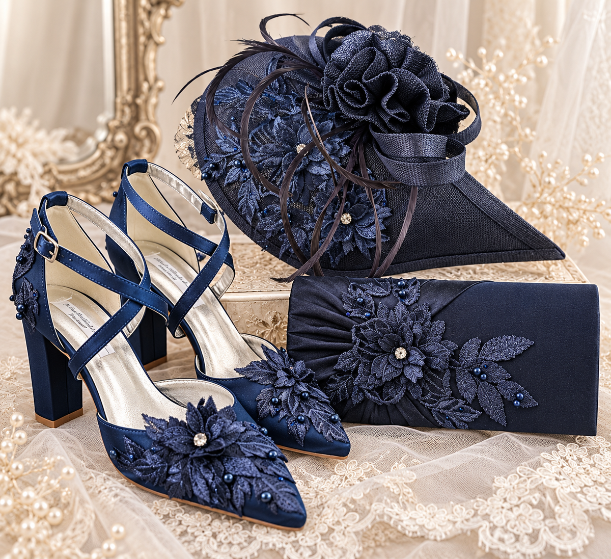 Navy Blue Wedding Shoes, Clutch & Fascinator Set