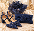 Navy Blue Floral Block Heel Shoes, Clutch & Fascinator Set