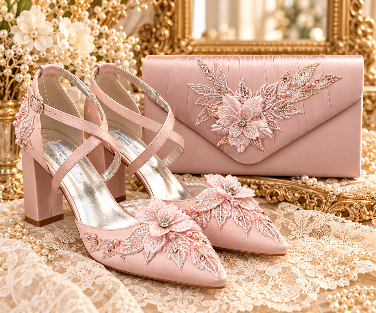 Blush Pink Floral Wedding Shoes & Clutch Bag Set