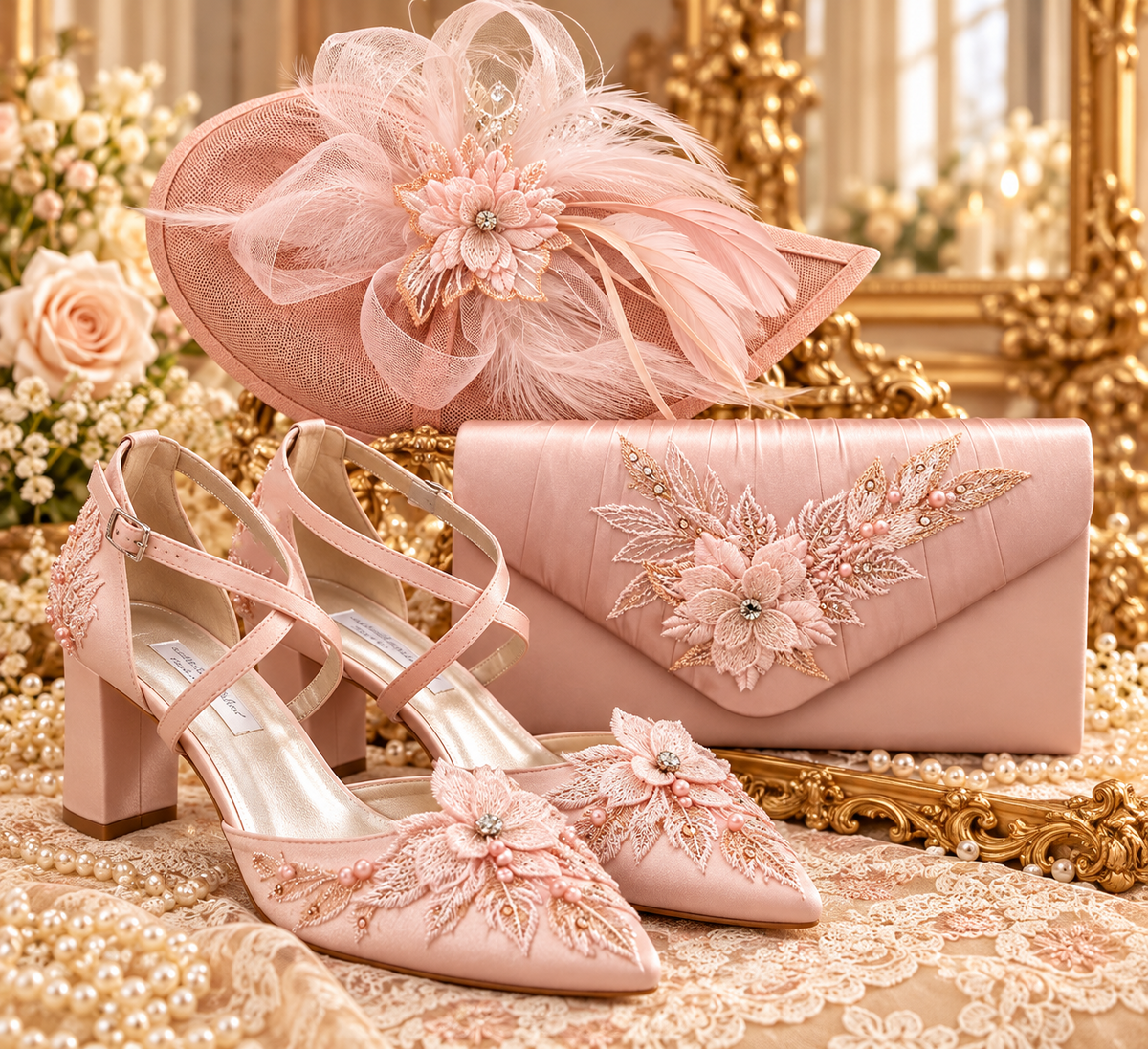 Blush Pink Floral Block Heel Shoes, Clutch & Fascinator Set