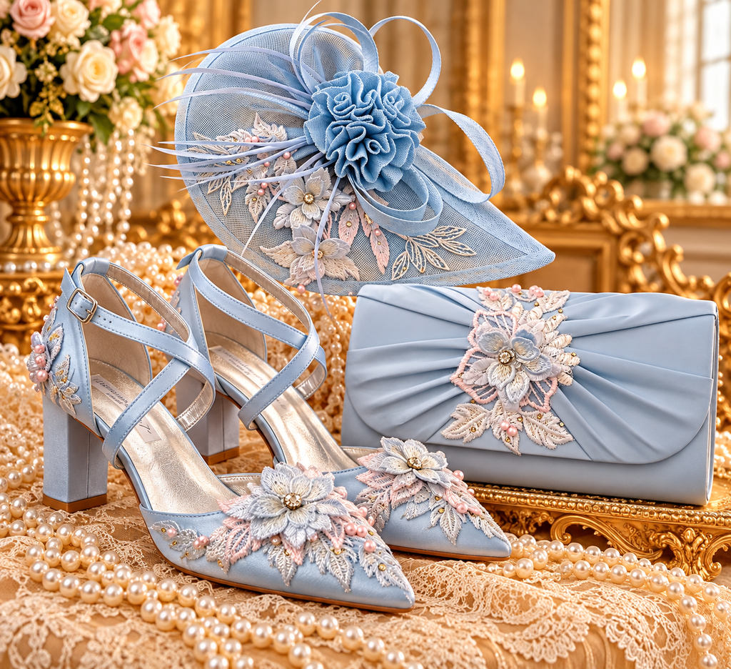 Light Blue Floral Block Heel Shoes, Clutch & Fascinator Set