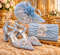 Light Blue Floral Block Heel Shoes, Clutch & Fascinator Set