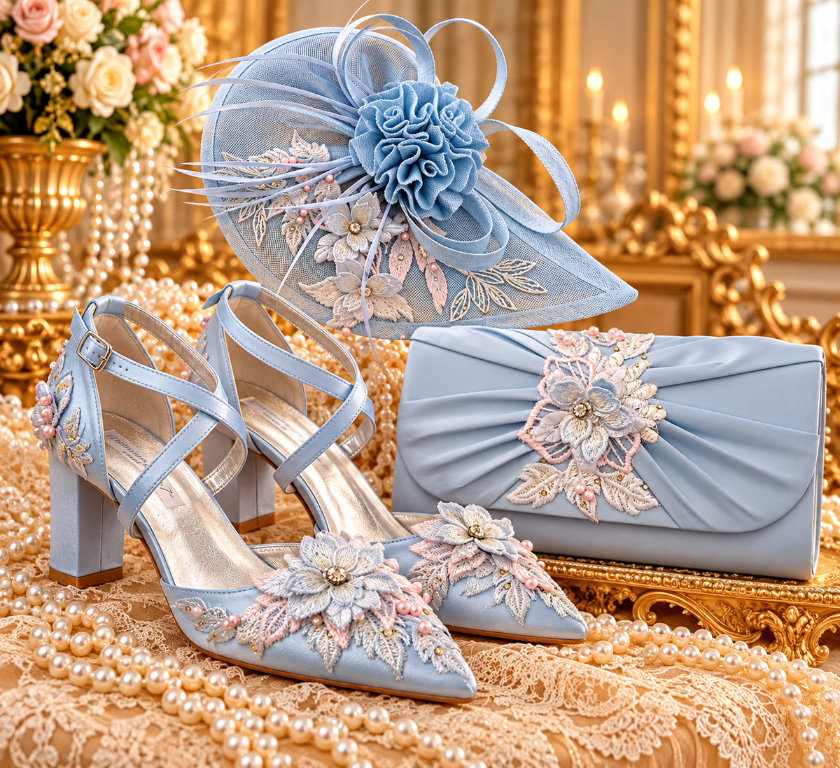 Light Blue Floral Block Heel Shoes, Clutch & Fascinator Set