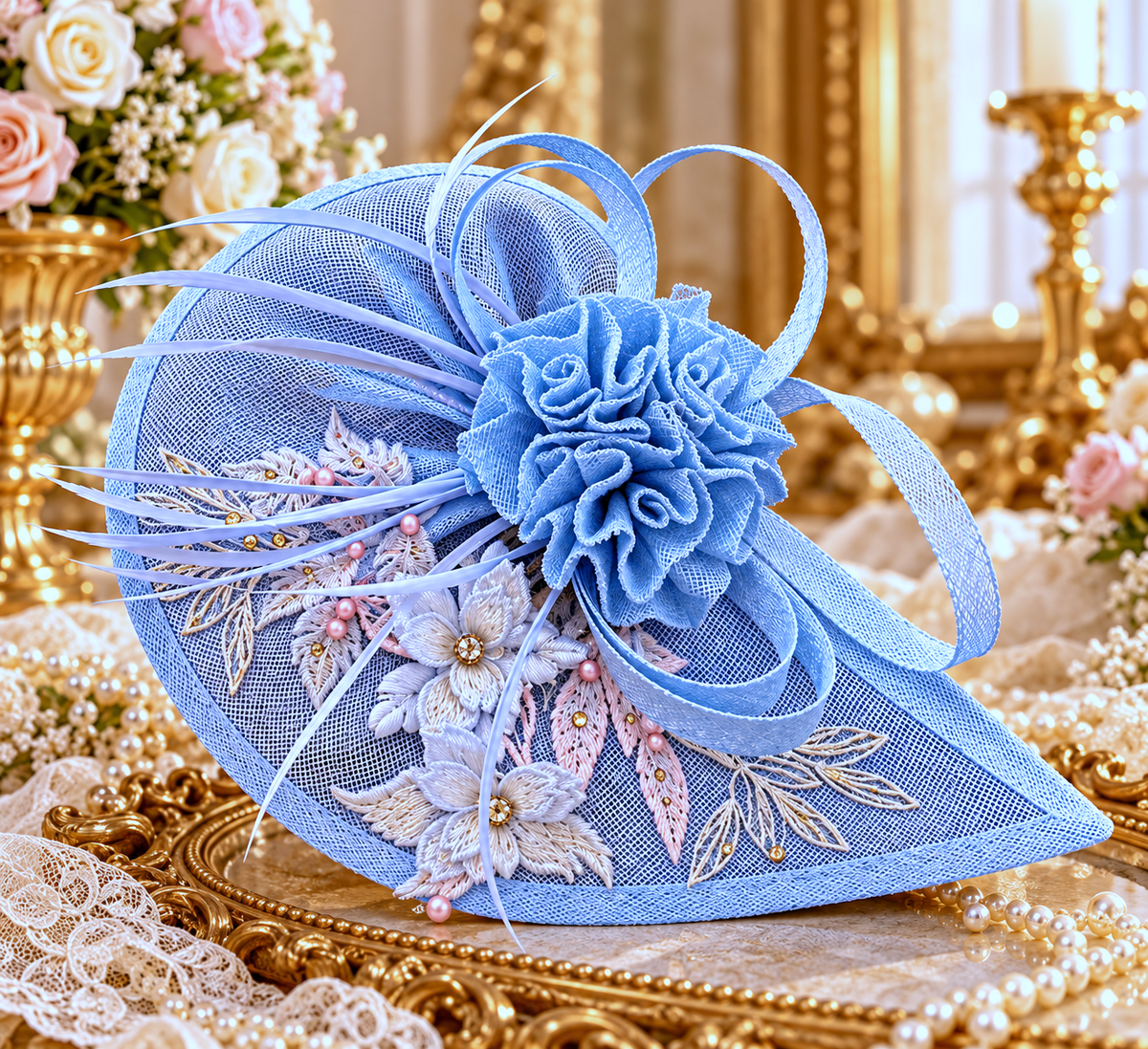 Light Blue Floral Block Heel Shoes, Clutch & Fascinator Set