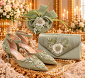 Sage Green Floral Mid Heel Shoes, Clutch & Fascinator Set