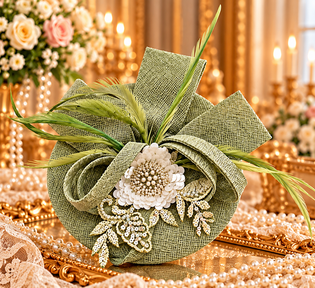 Sage Green Floral Mid Heel Shoes, Clutch & Fascinator Set