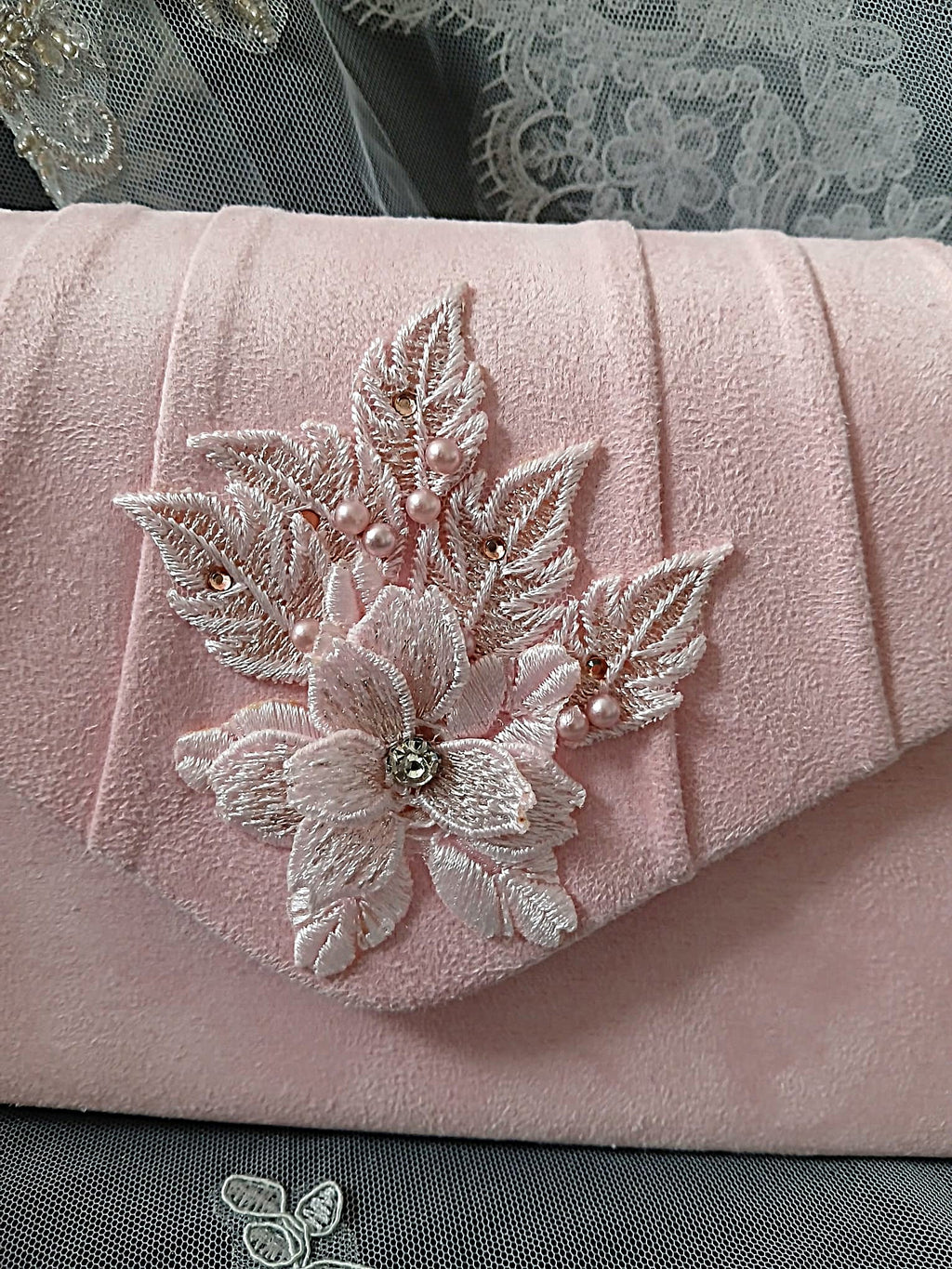 Light Pink Suede Clutch Bag With Floral Design,Formal Event Handbag
