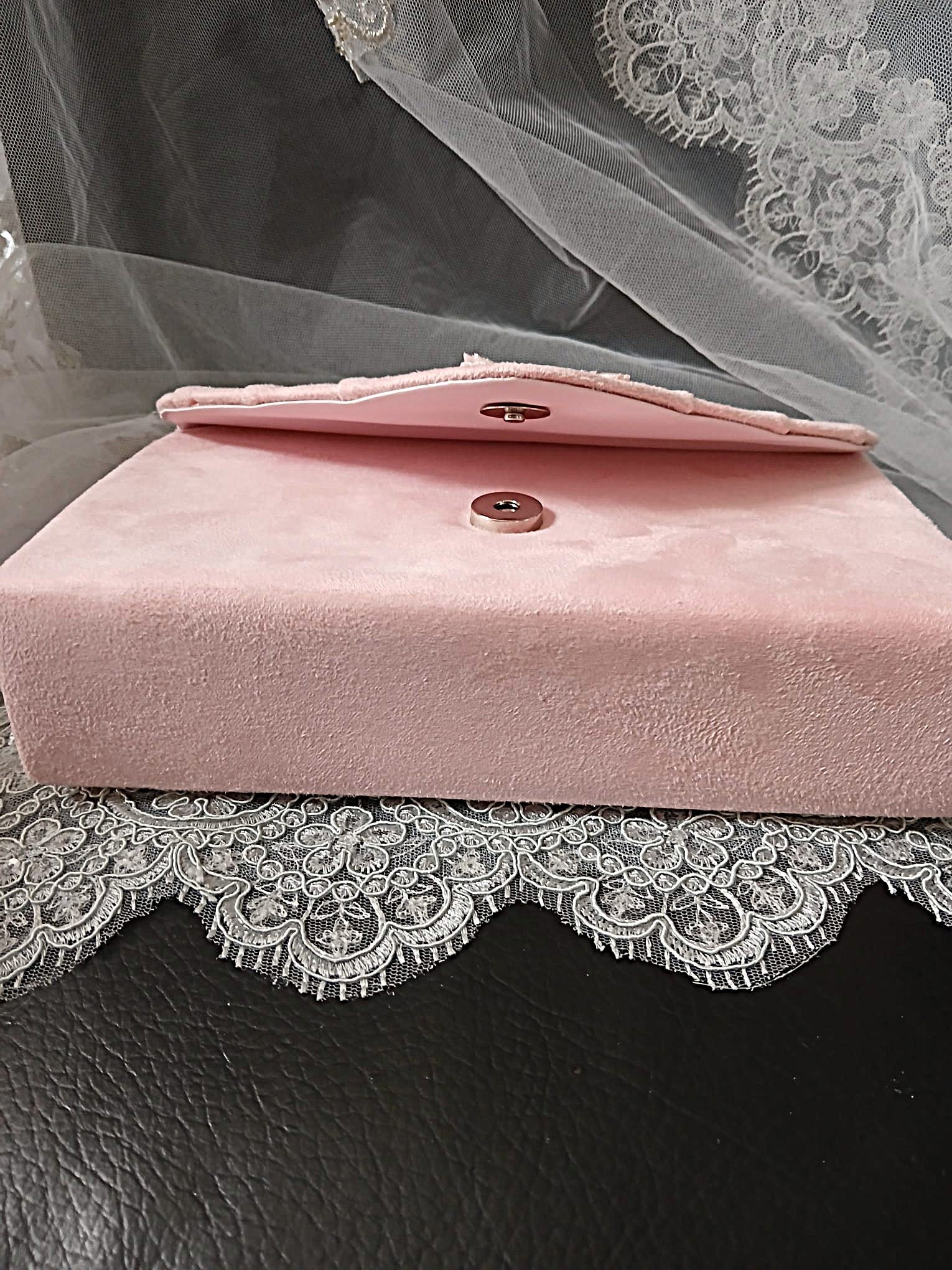 Light Pink Suede Clutch Bag With Floral Design,Formal Event Handbag