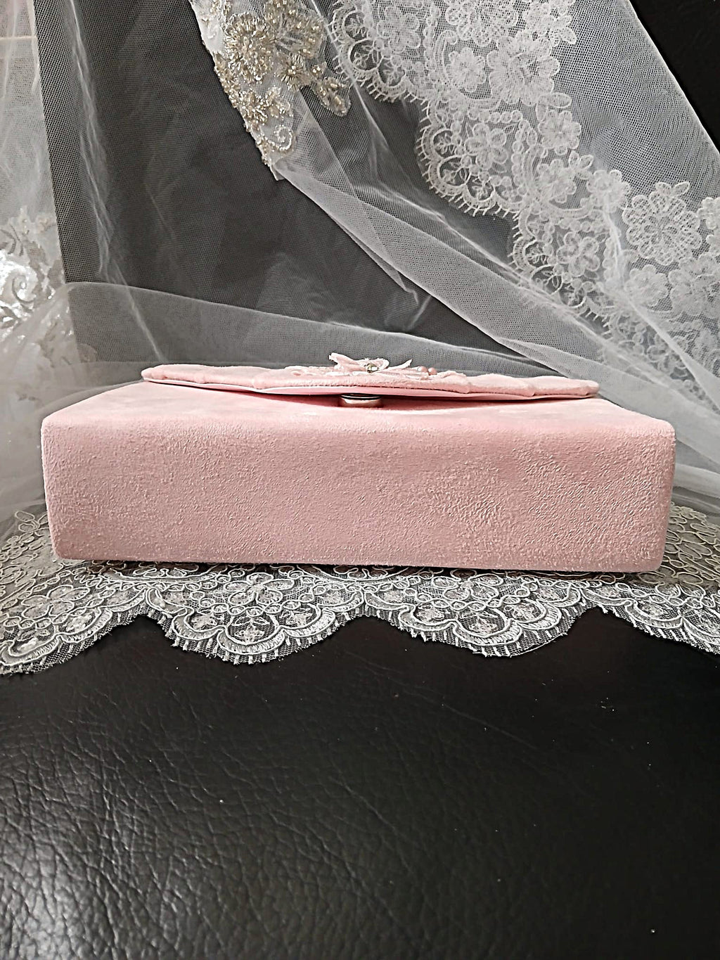 Light Pink Suede Clutch Bag With Floral Design,Formal Event Handbag