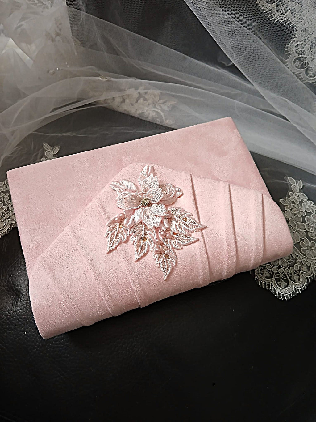 Light Pink Suede Clutch Bag With Floral Design,Formal Event Handbag