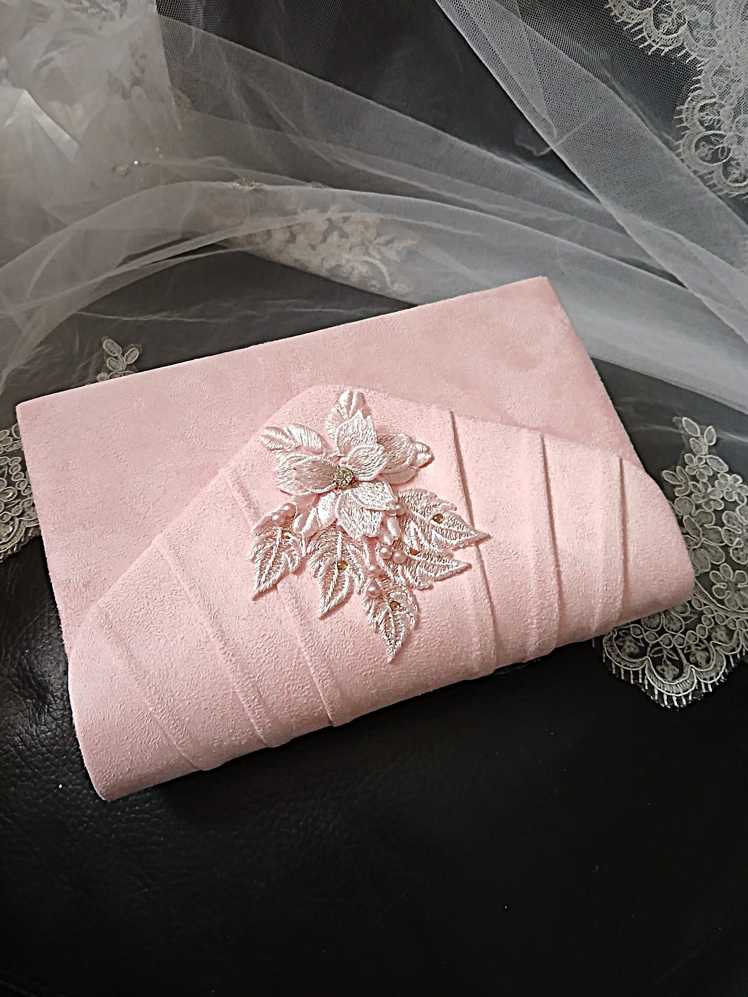 Light Pink Suede Clutch Bag With Floral Design,Formal Event Handbag