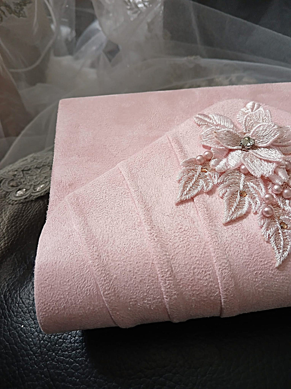 Light Pink Suede Clutch Bag With Floral Design,Formal Event Handbag
