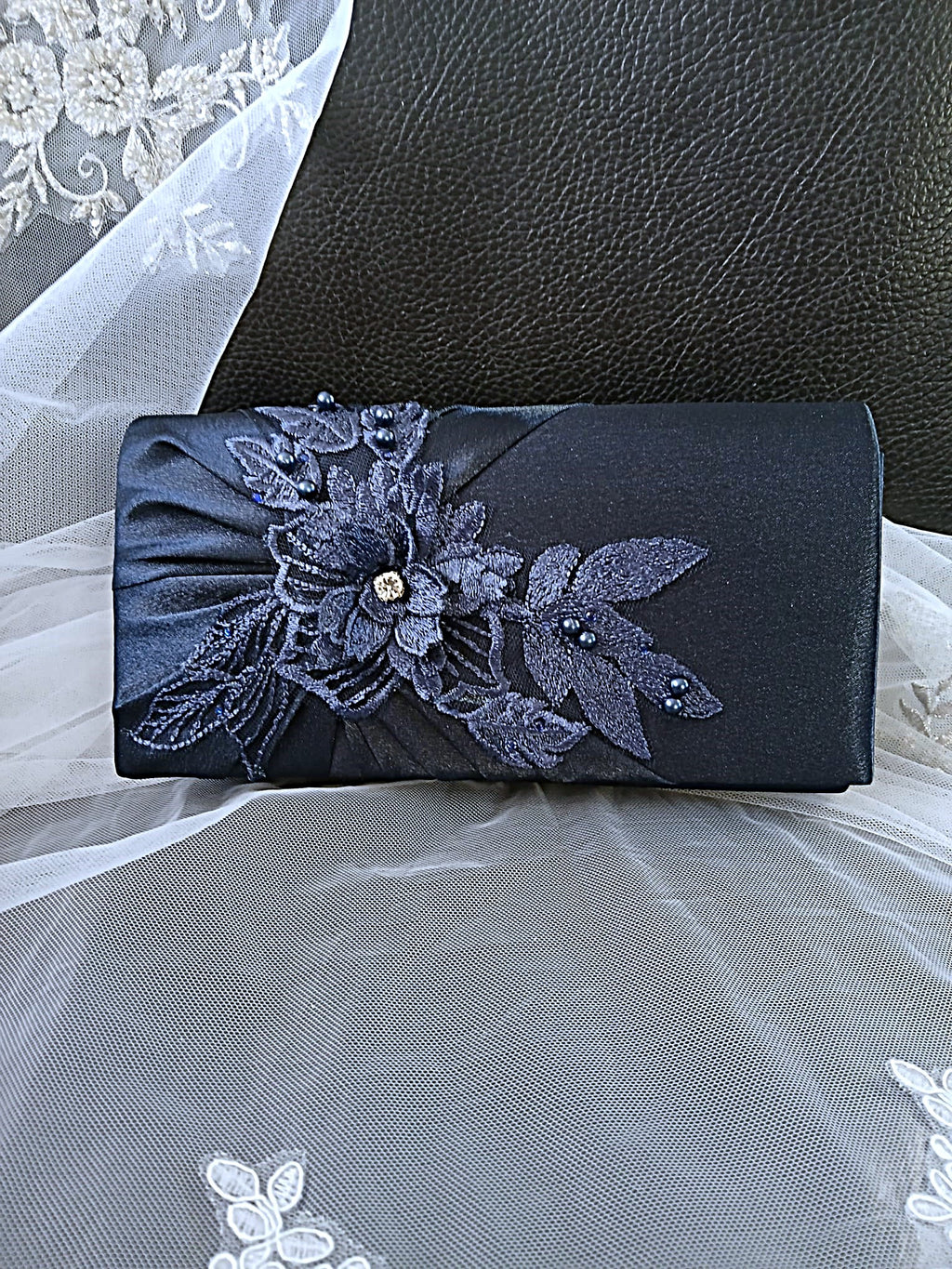 Navy Blue Floral Block Heel Shoes, Clutch & Fascinator Set