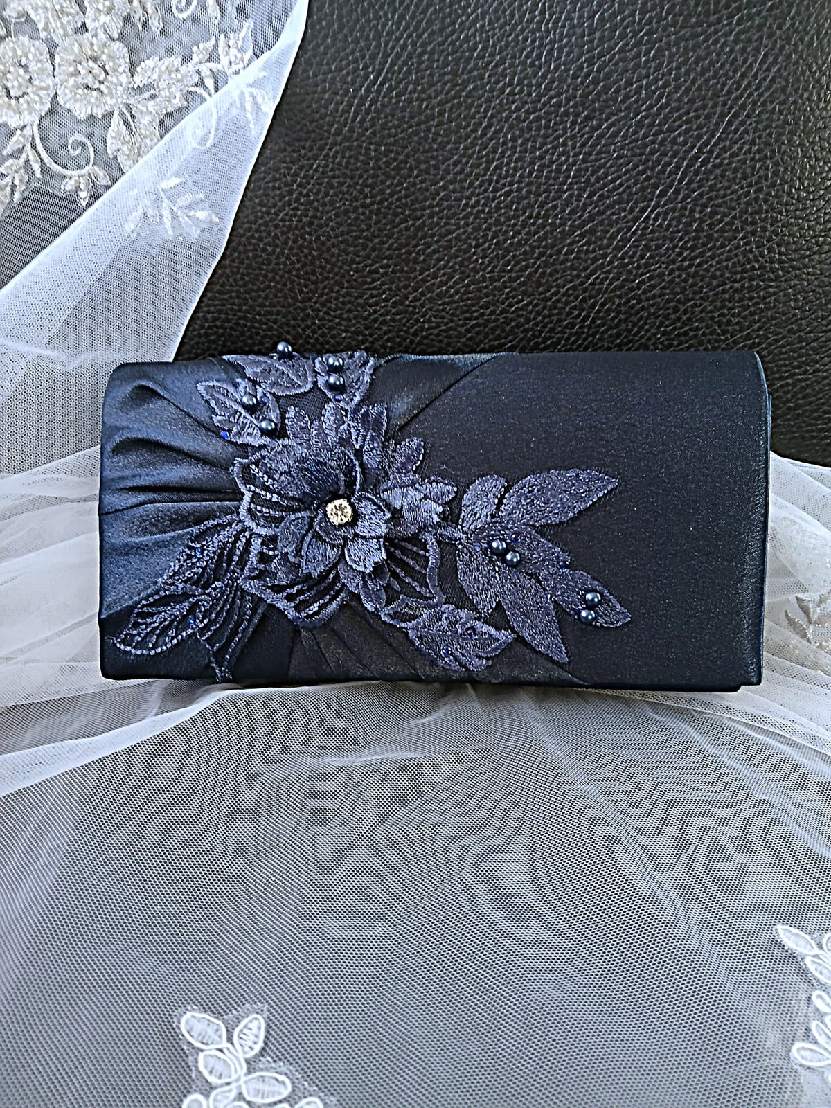 Navy Blue Floral Block Heel Shoes, Clutch & Fascinator Set
