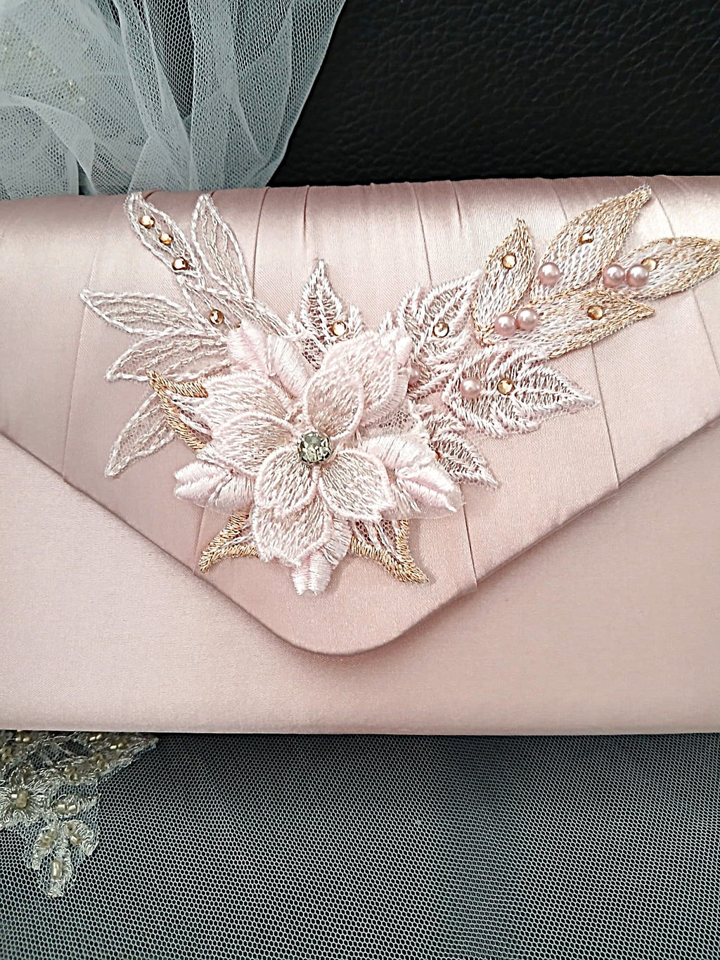 Pink Floral Hat & Satin Bridal Clutch Bag Set For Formal Event, Accessories For Bridesmaid