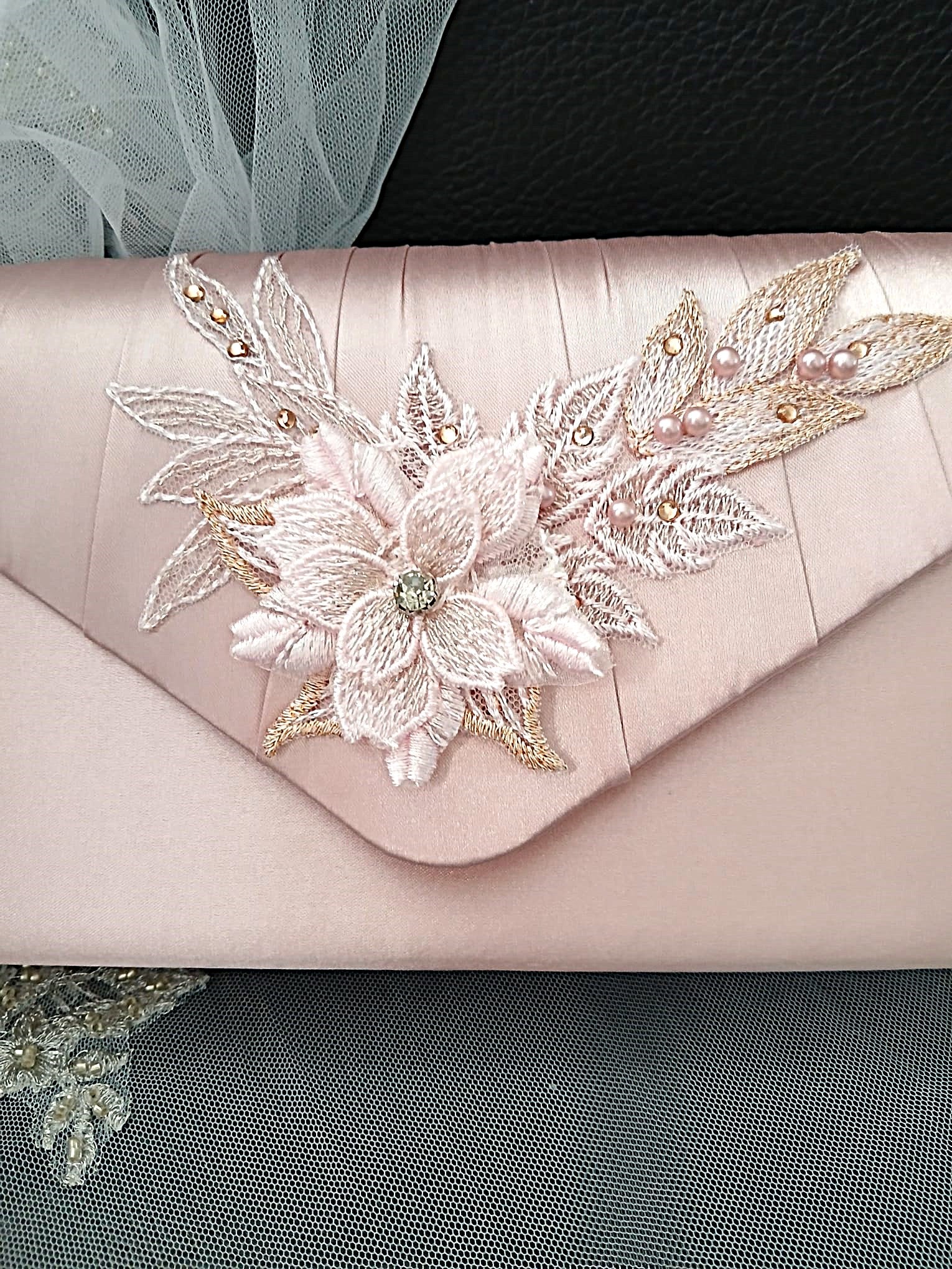 Pink Floral Hat & Satin Bridal Clutch Bag Set For Formal Event, Accessories For Bridesmaid