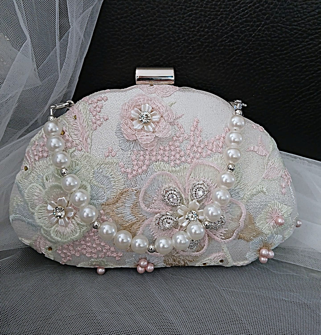 Light Pink Floral Flat Shoes and Clutch Bag Set For Party Or Formal Event