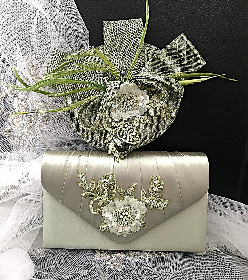 Sage Green Floral Sandal Shoes Set: Mid Heel Shoes, Hat & Clutch