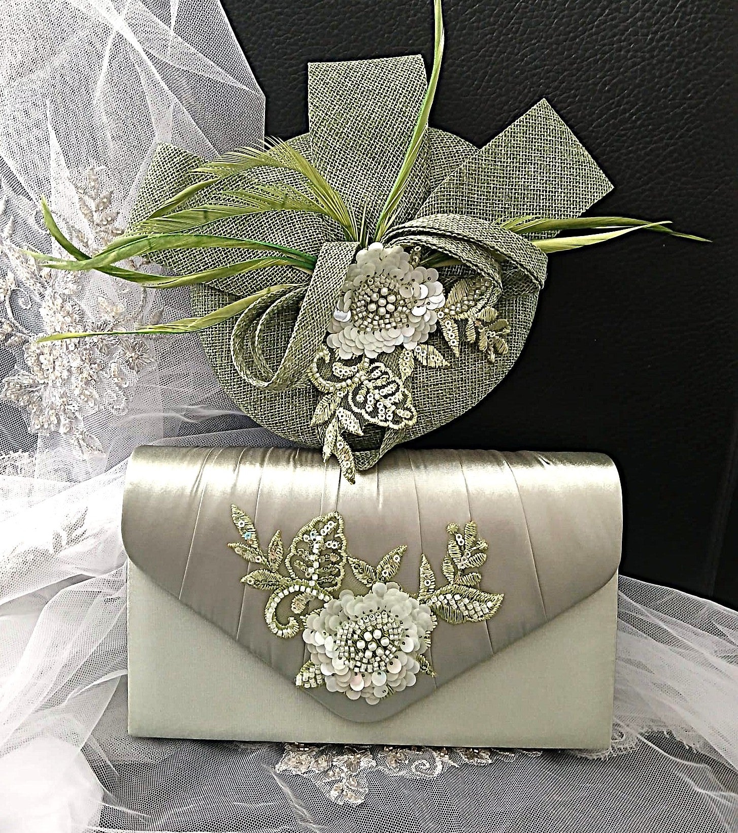 Sage Green Floral Sandal Shoes Set: Mid Heel Shoes, Hat & Clutch