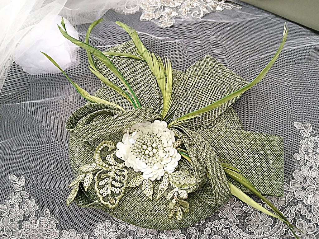 Sage Green Floral Hat & Satin Clutch Bag Set For Formal Event