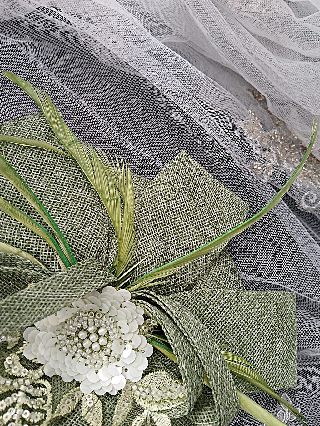 Sage Green Floral Hat & Satin Clutch Bag Set For Formal Event