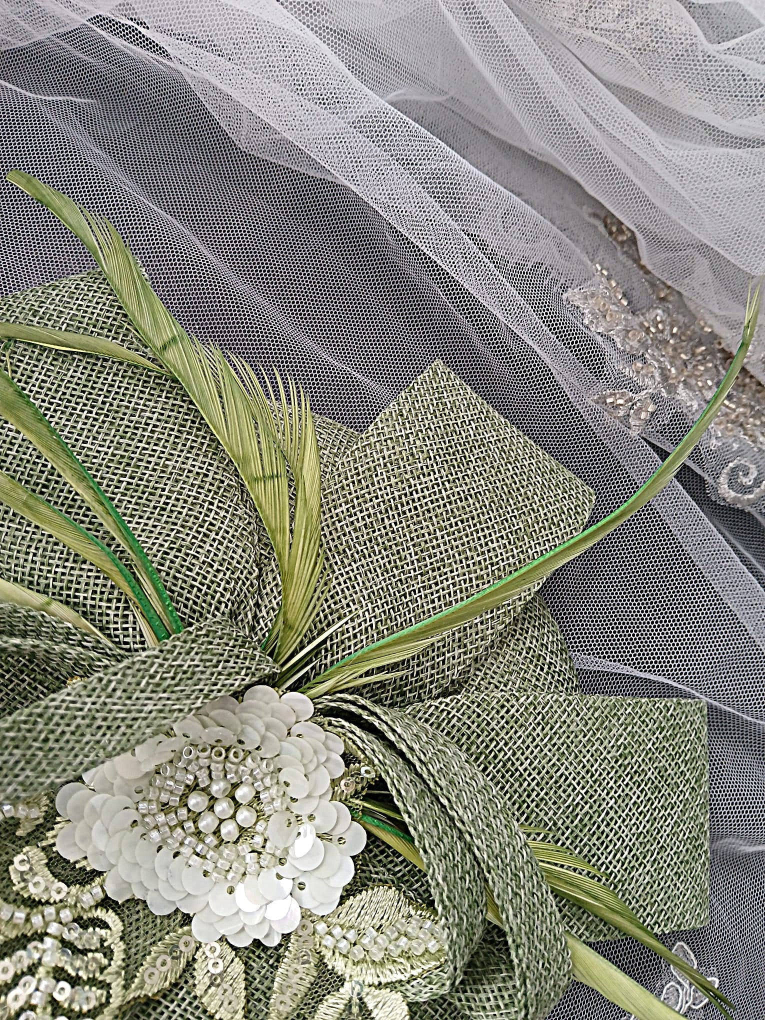 Sage Green Floral Hat & Satin Clutch Bag Set For Formal Event