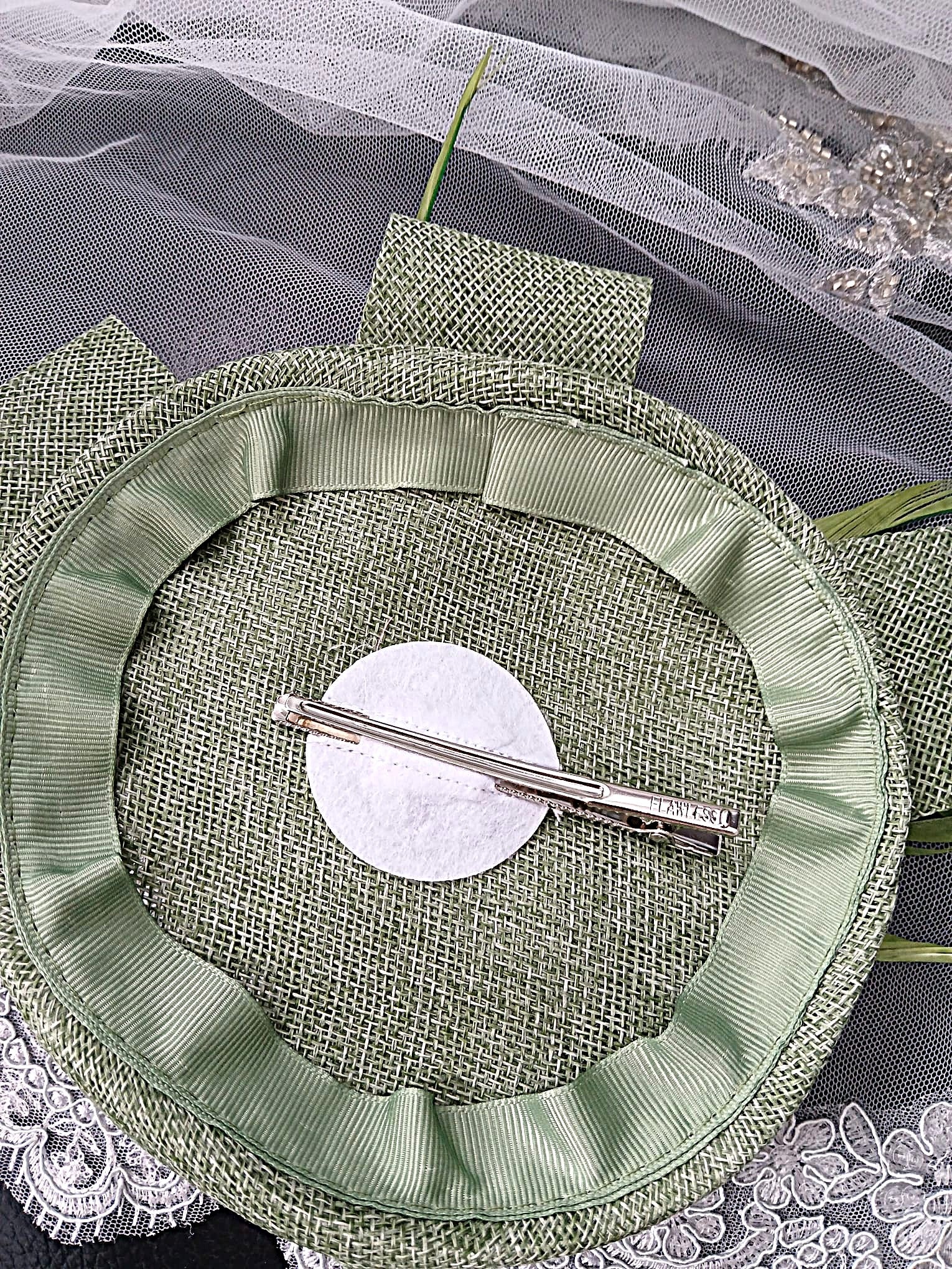 Sage Green Floral Hat & Satin Clutch Bag Set For Formal Event