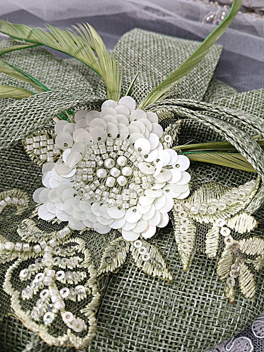 Sage Green Floral Hat & Satin Clutch Bag Set For Formal Event