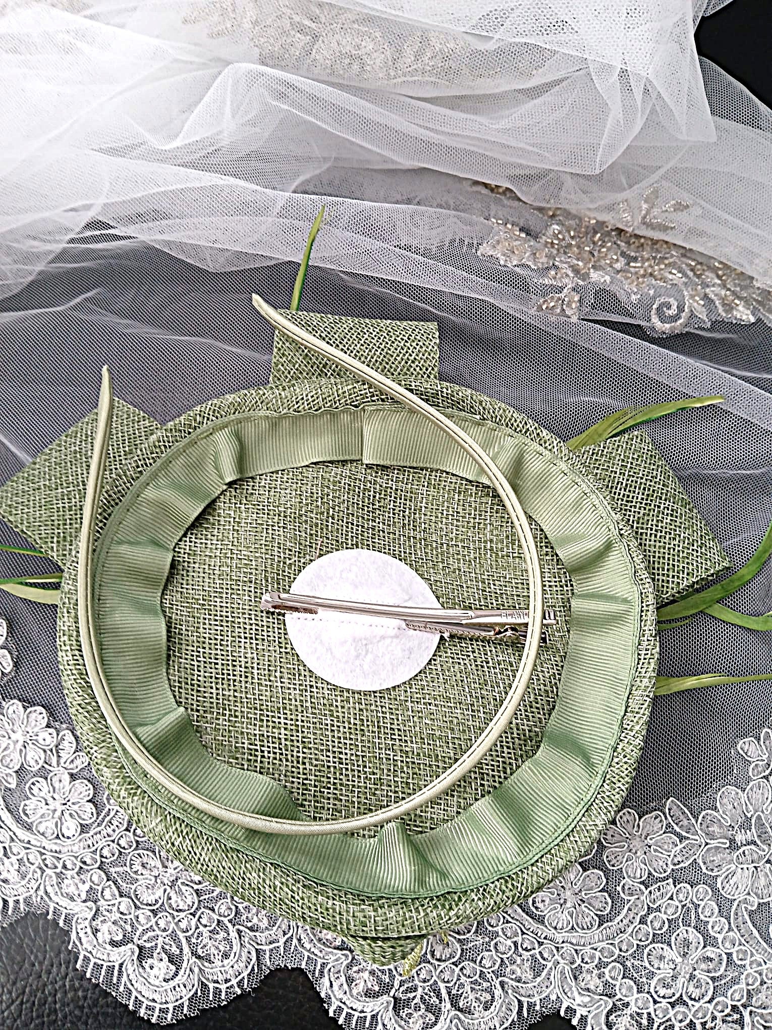 Sage Green Floral Hat & Satin Clutch Bag Set For Formal Event