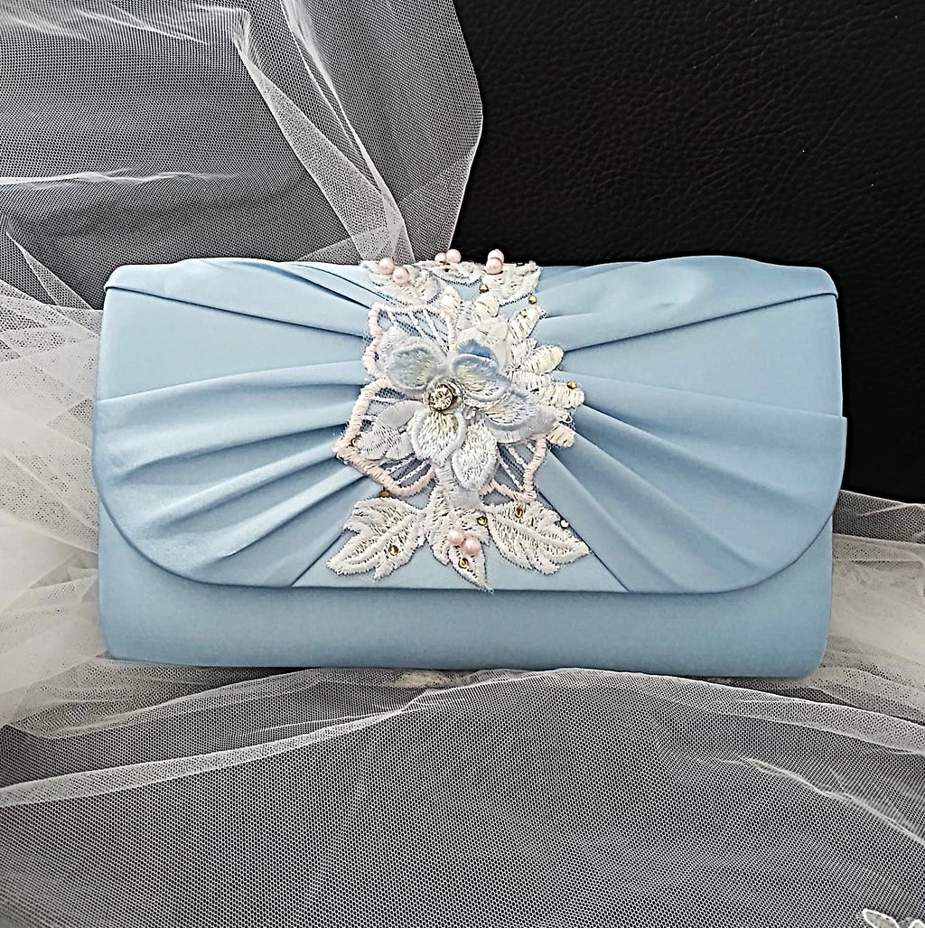 Light Blue Floral Block Heel Shoes, Clutch & Fascinator Set
