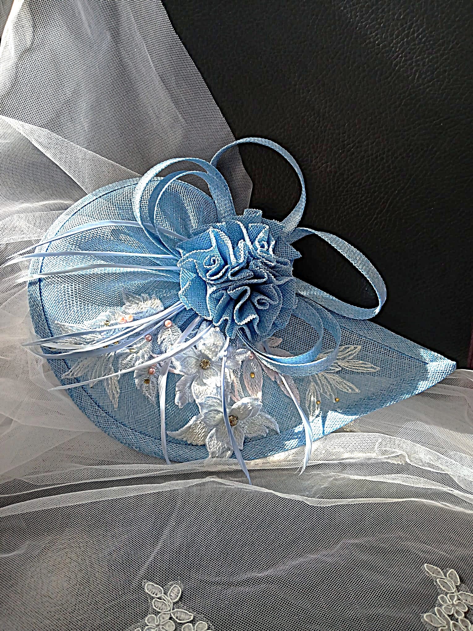 Ligh Blue Floral Hat and Suede Evening Clutch Bag Set For Formal Event