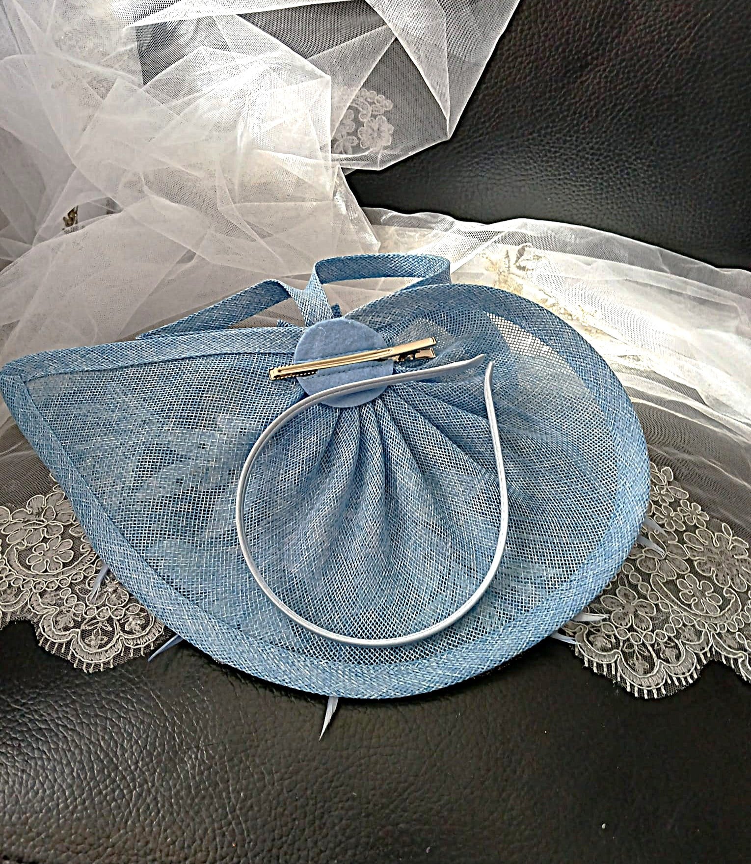 Ligh Blue Floral Hat and Suede Evening Clutch Bag Set For Formal Event