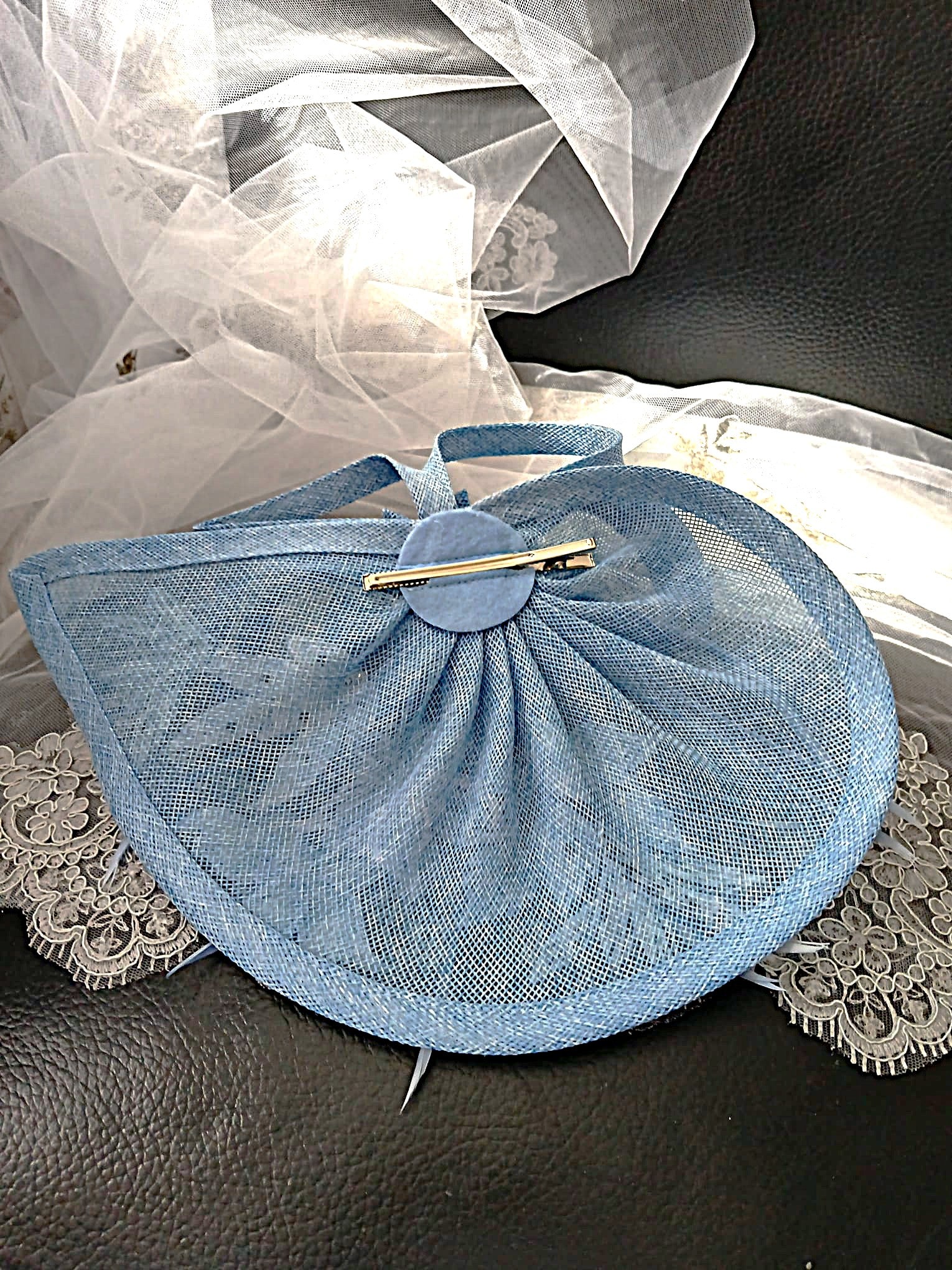 Ligh Blue Floral Hat and Suede Evening Clutch Bag Set For Formal Event