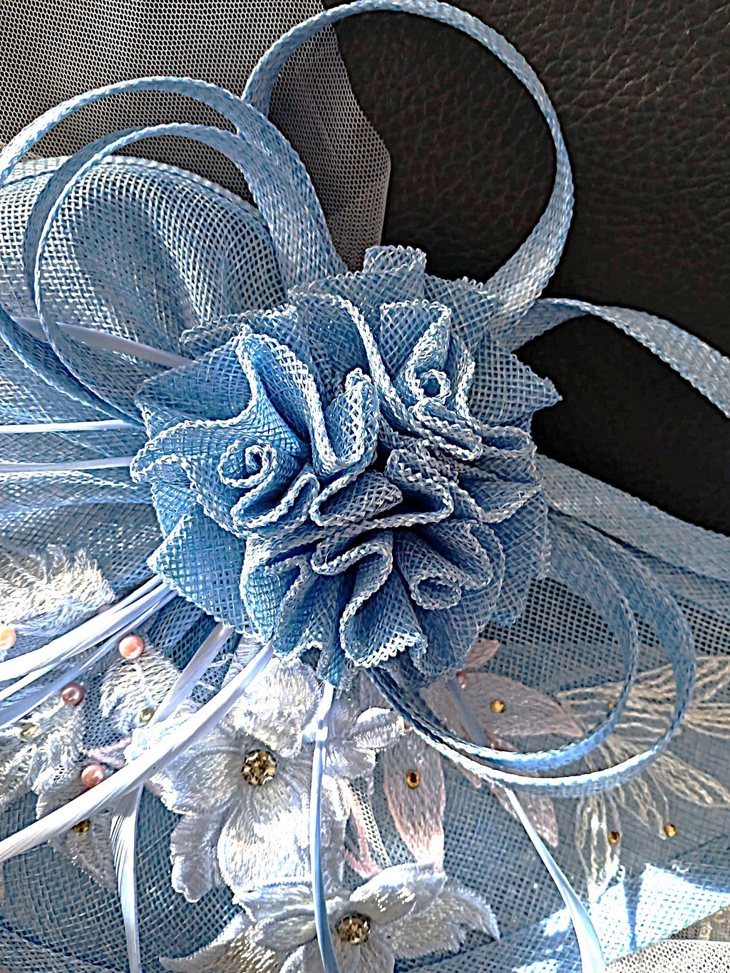 Ligh Blue Floral Hat and Suede Evening Clutch Bag Set For Formal Event