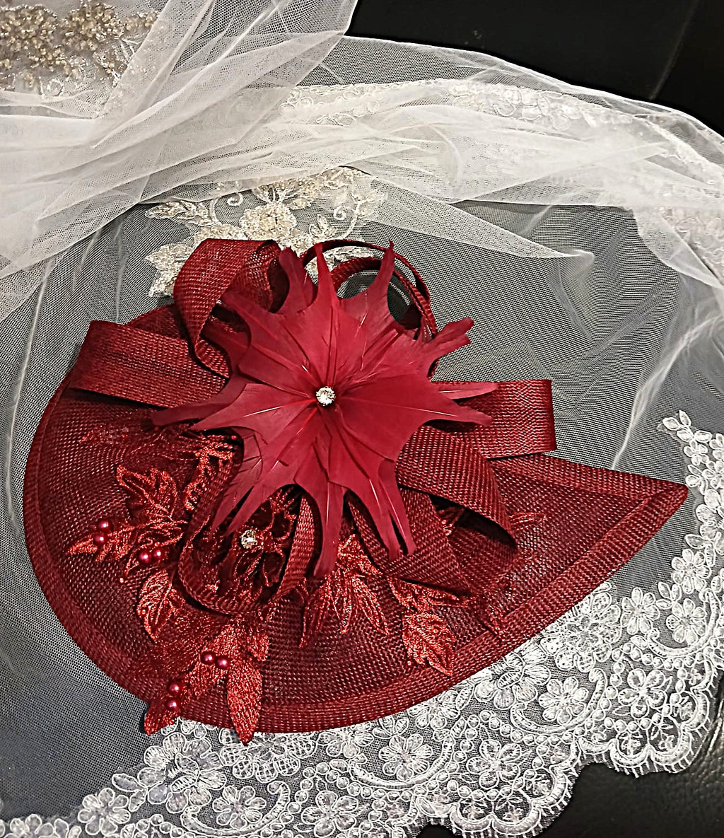 Burgundy Floral Hat & Satin Clutch Bag Set For Formal Occasion