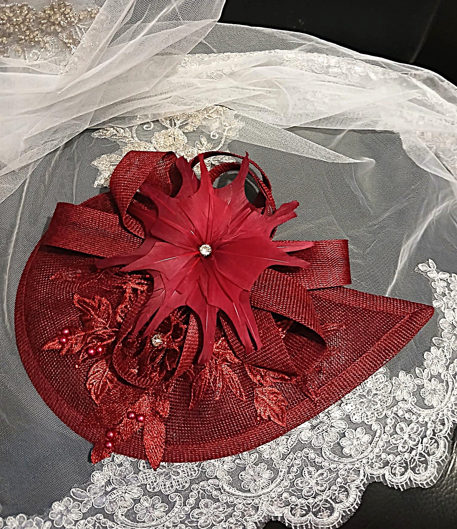 Burgundy Floral Hat & Satin Clutch Bag Set For Formal Occasion