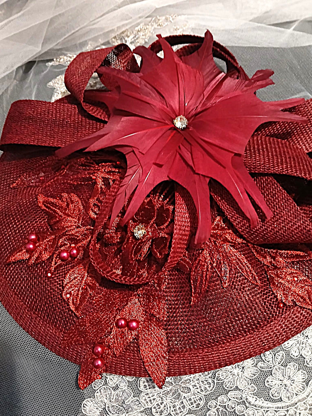 Burgundy Floral Hat & Satin Clutch Bag Set For Formal Occasion