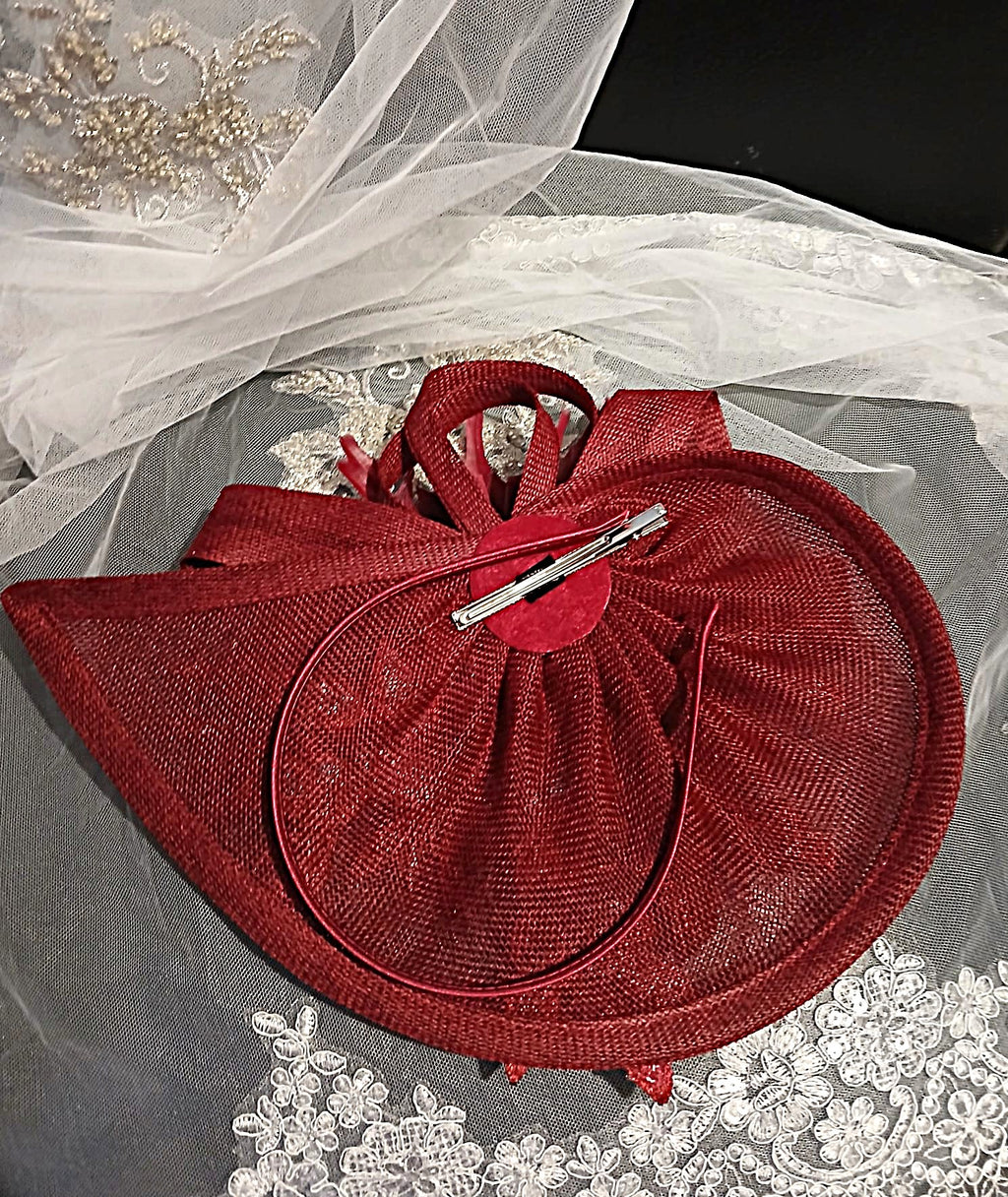 Burgundy Floral Hat & Satin Clutch Bag Set For Formal Occasion