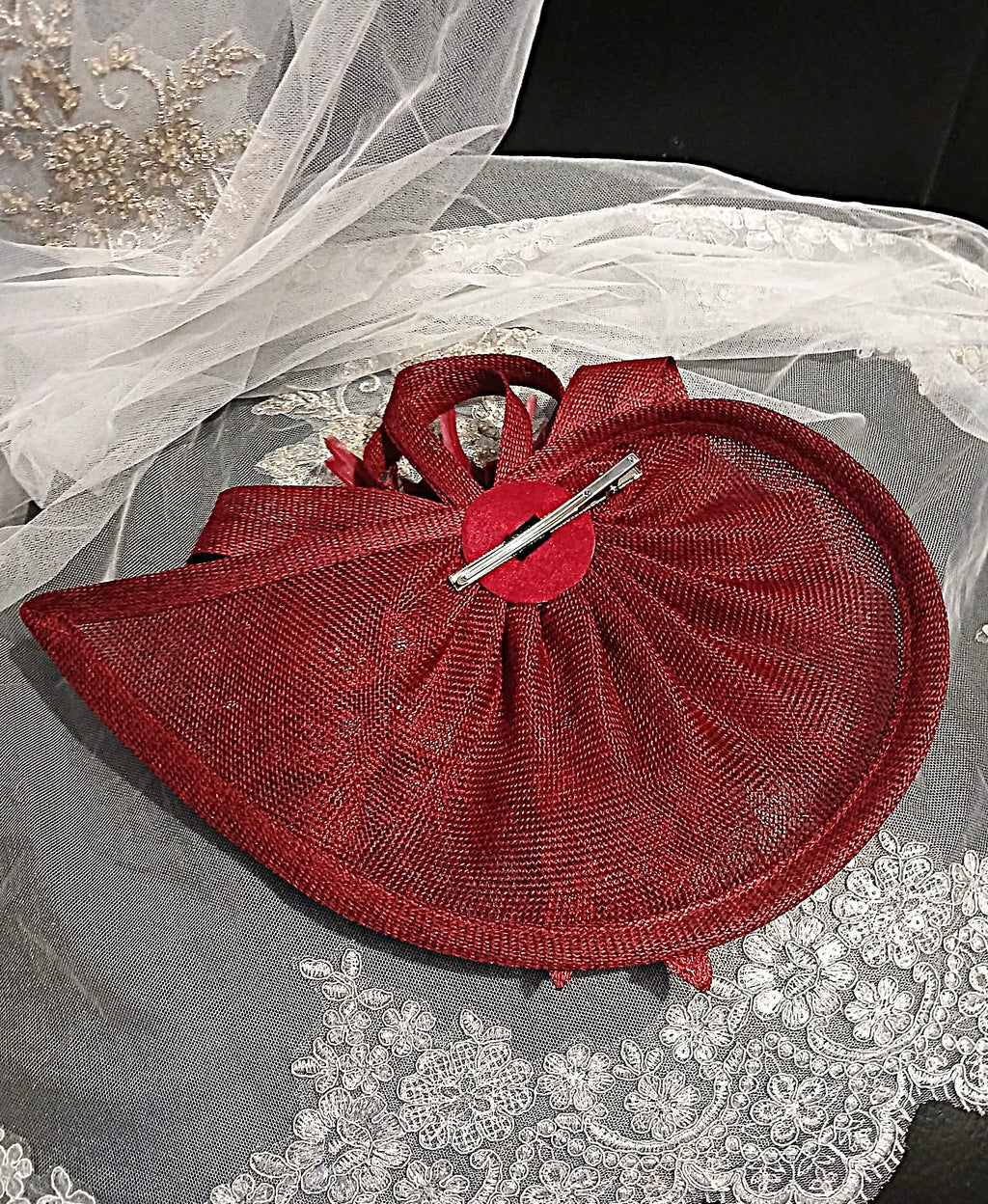 Burgundy Floral Hat & Satin Clutch Bag Set For Formal Occasion