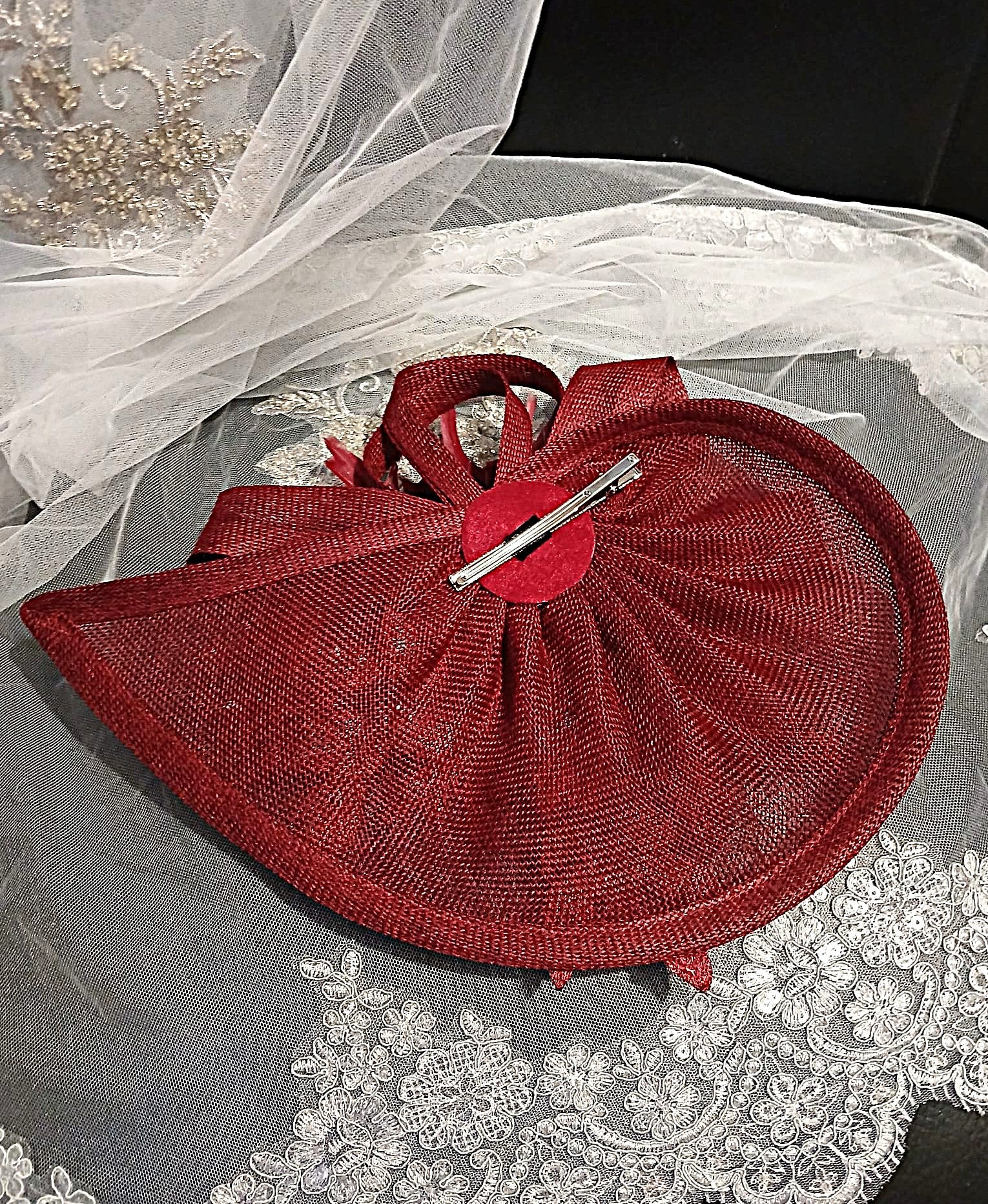 Burgundy Floral Hat & Satin Clutch Bag Set For Formal Occasion