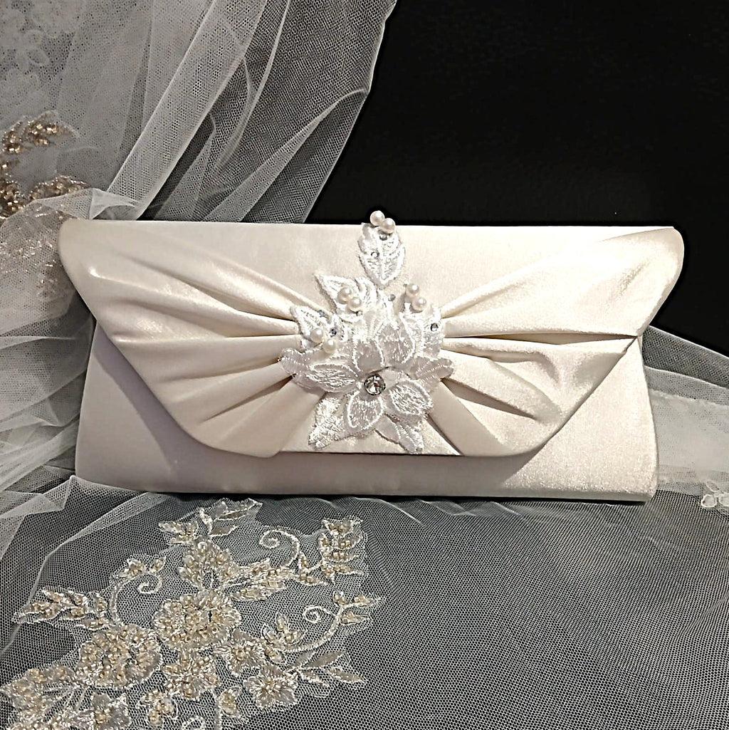 Ivory Satin Floral Block Heel Shoes Hat & Clutch Set For Formal Event