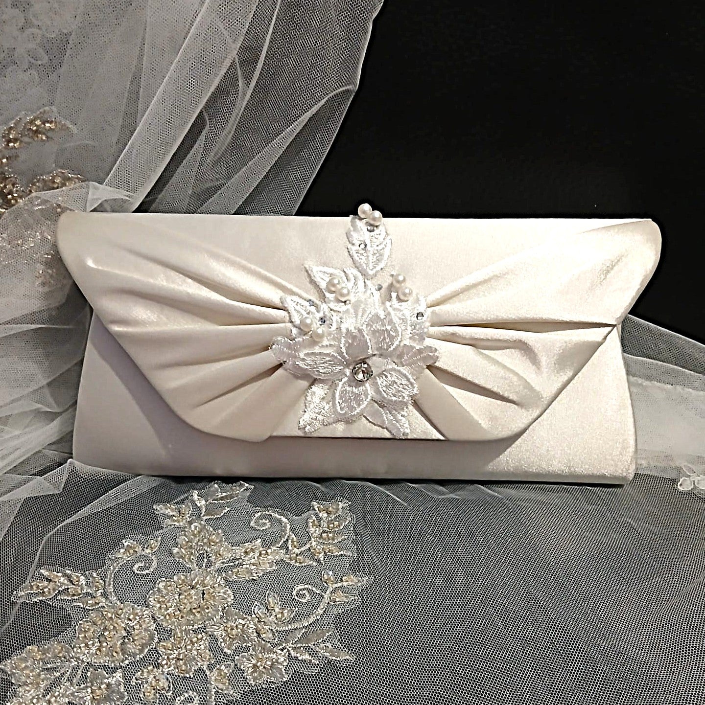 Ivory Satin Floral Block Heel Shoes Hat & Clutch Set For Formal Event