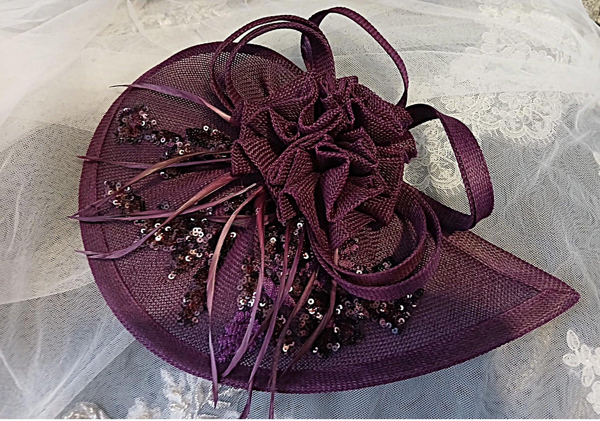 Dark Purple Floral Fascinator Hat & Velvet Clutch Bag Set For Formal Event
