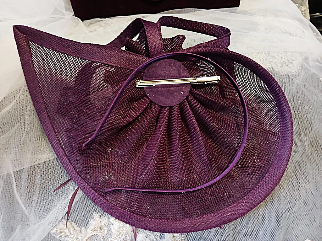 Dark Purple Floral Fascinator Hat & Velvet Clutch Bag Set For Formal Event
