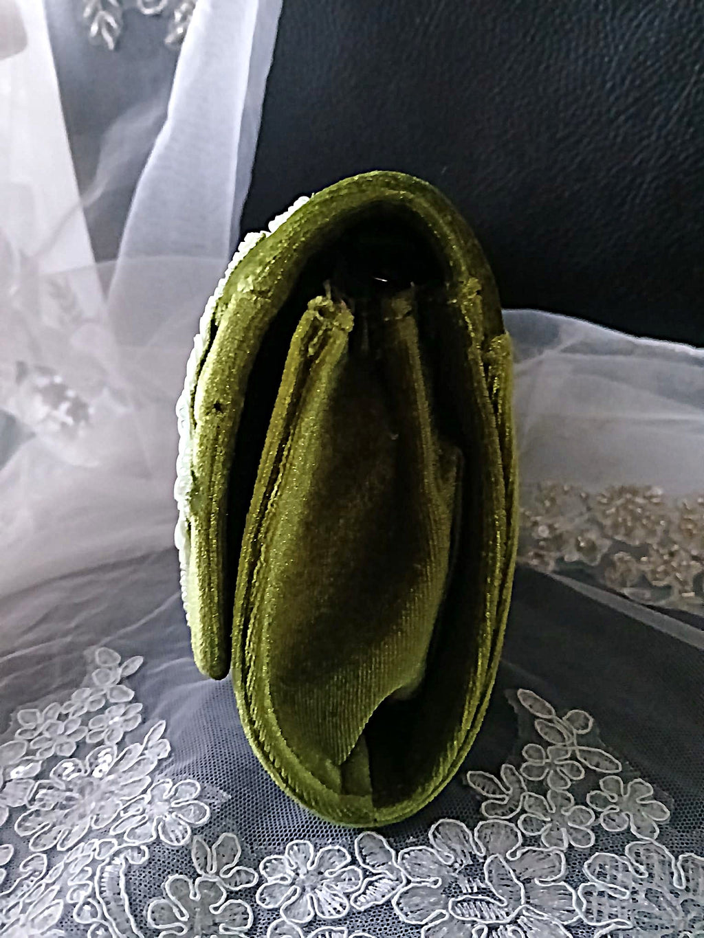 Olive Green Velvet Floral Evening Clutch Bag & Matching Hat Set, Elegant Vintage-Inspired Accessory