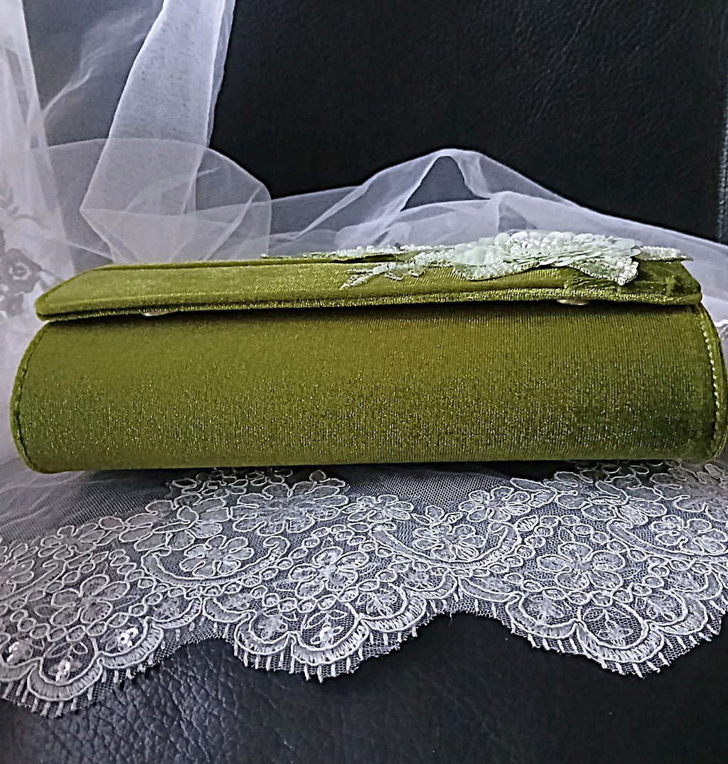 Olive Green Velvet Floral Evening Clutch Bag & Matching Hat Set, Elegant Vintage-Inspired Accessory