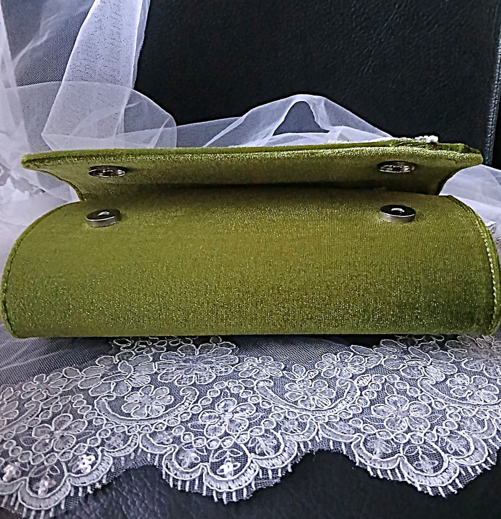 Olive Green Velvet Floral Evening Clutch Bag & Matching Hat Set, Elegant Vintage-Inspired Accessory