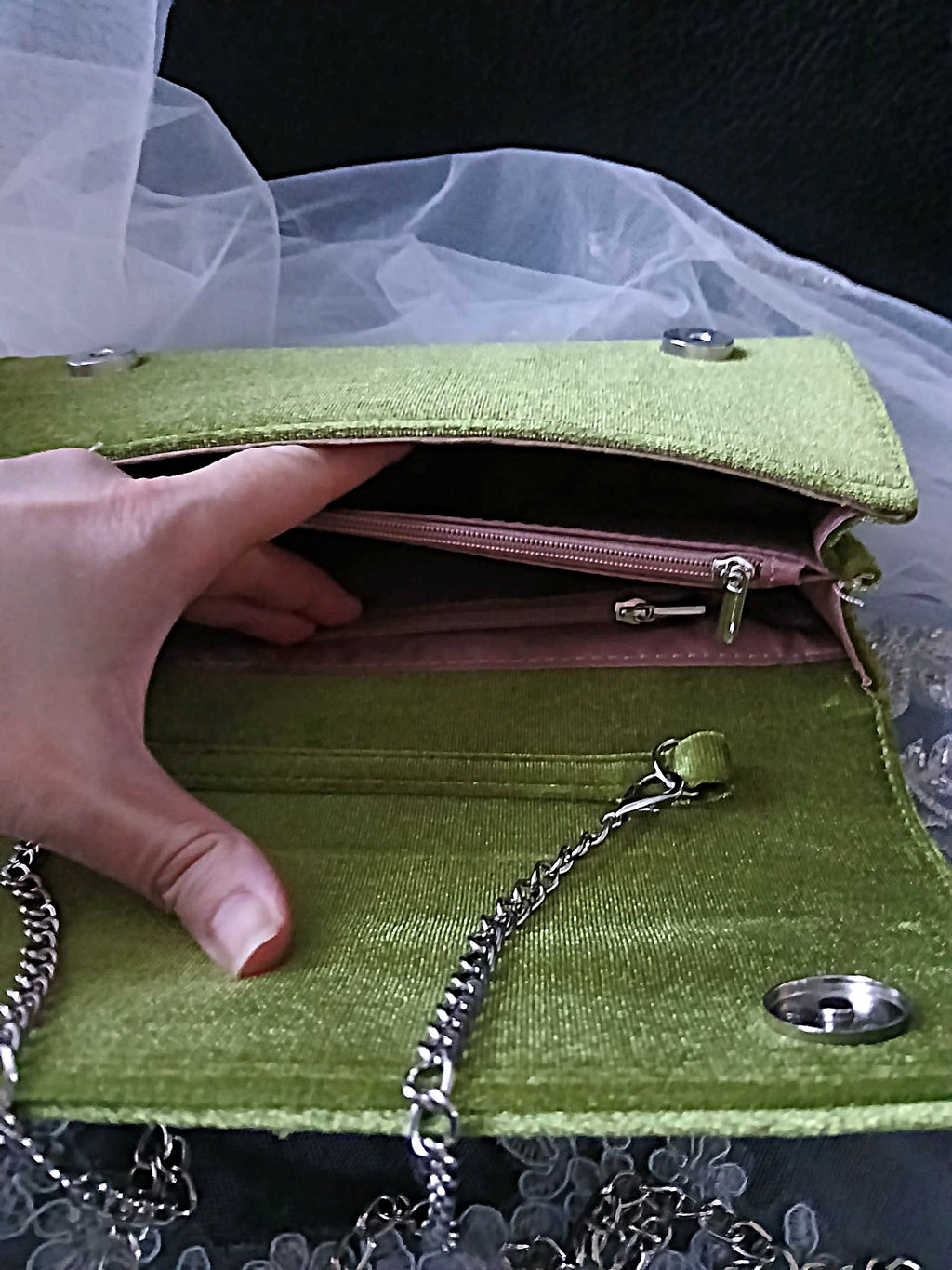 Olive Green Velvet Floral Evening Clutch Bag & Matching Hat Set, Elegant Vintage-Inspired Accessory