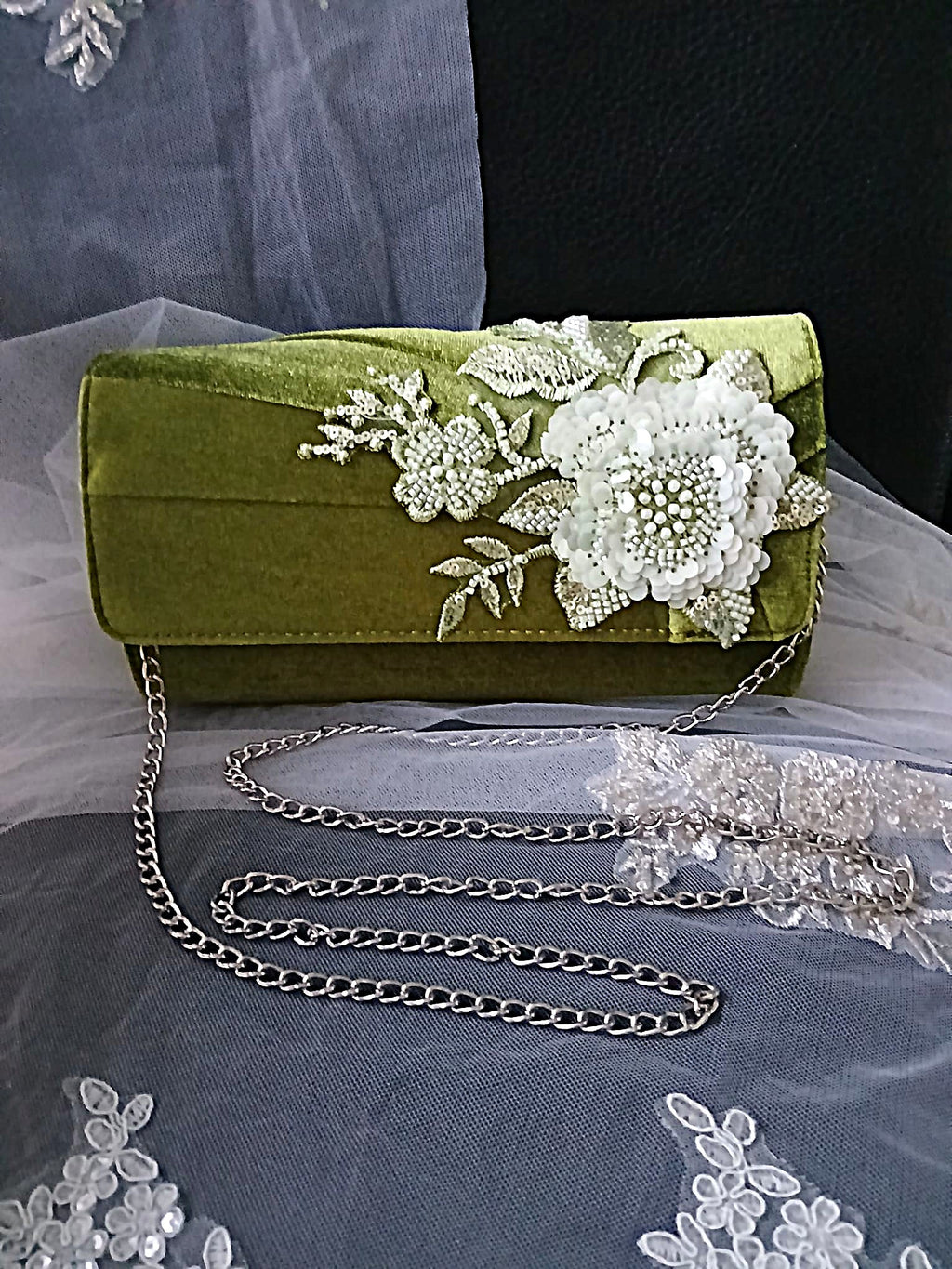 Olive Green Velvet Floral Evening Clutch Bag & Matching Hat Set, Elegant Vintage-Inspired Accessory
