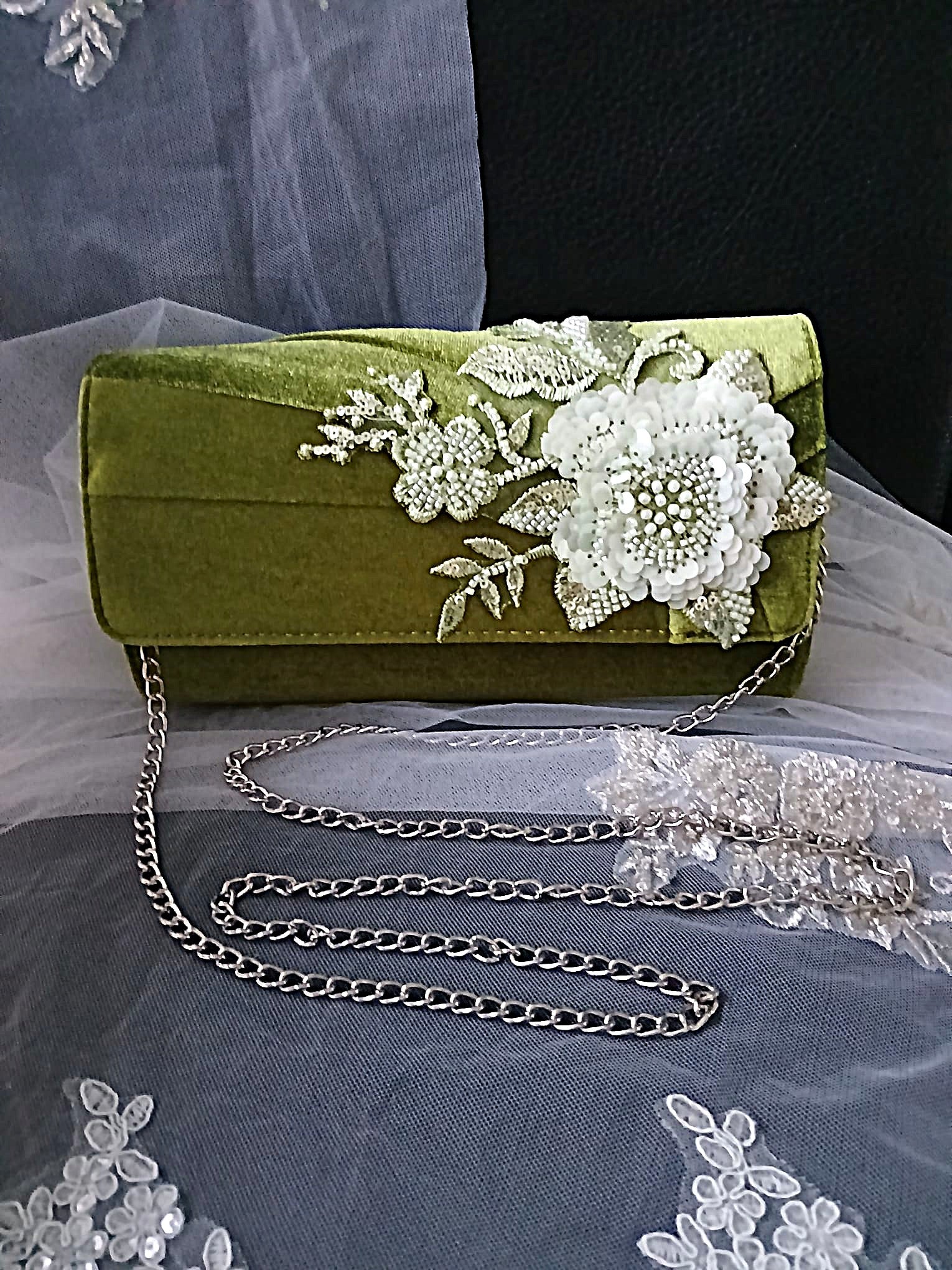 Olive Green Velvet Floral Evening Clutch Bag & Matching Hat Set, Elegant Vintage-Inspired Accessory